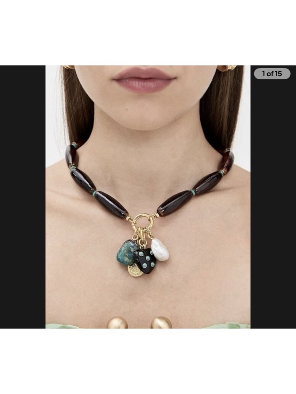 Lizzie Fortunato Marilla Necklace Brown Resin Choker With Charms MSRP $395